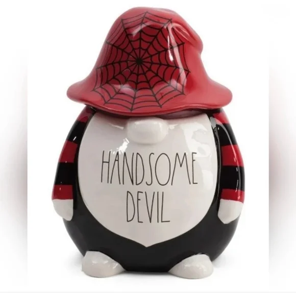 Rae Dunn Halloween Handsome Devil Gnome Canister 10 x 7.5’ Red Black - Picture 5 of 5